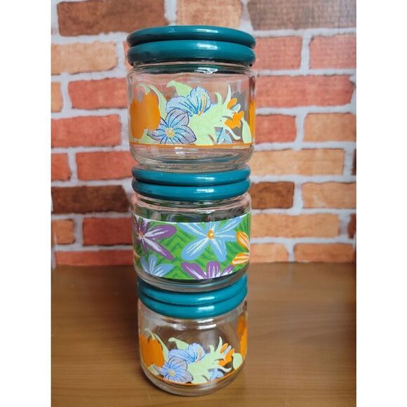 Set of 3 Vintage Glass Floral Canisters - Picture 1 of 10